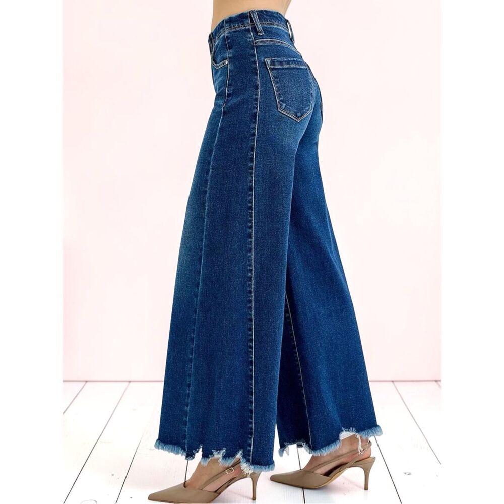 Risen High Rise Dark Wash Wide Leg Raw Hem Stretch Denim Jeans NWT - Picture 3 of 14